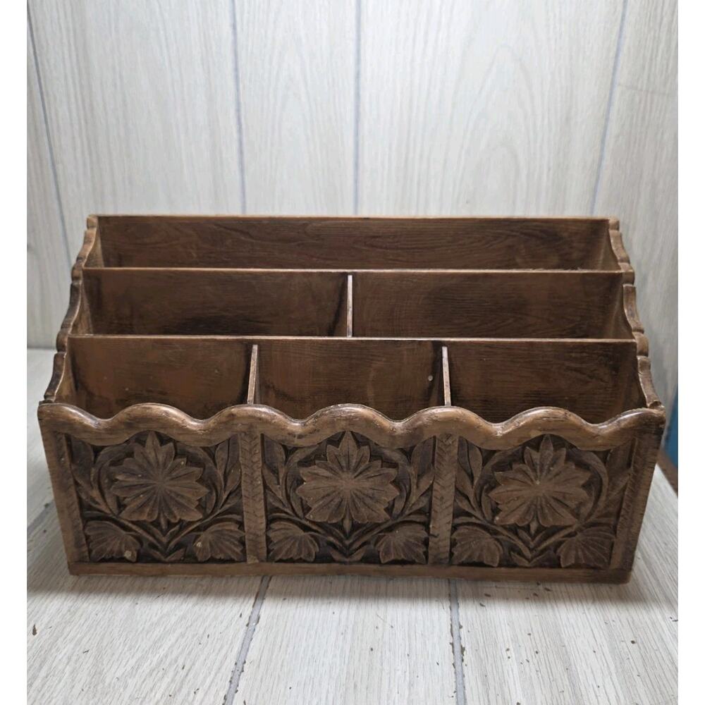 Vtg 70s LERNER Carved Faux Wood Letter Holder Mail Organizer Storage Caddy Desk
